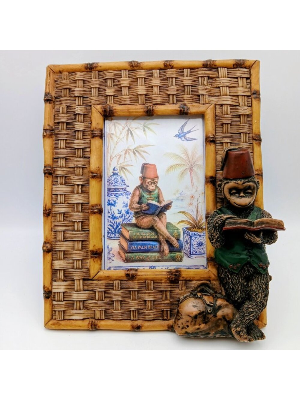 Palm Beach Monkey Picture Frame Faux Bamboo Wicker 9x7.5 Tropical Decor